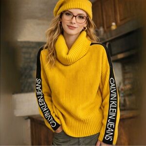 Calvin Klein Jeans Mustard Butter Cowl Neck Knit Drop Shoulder Sweater Sz Medium